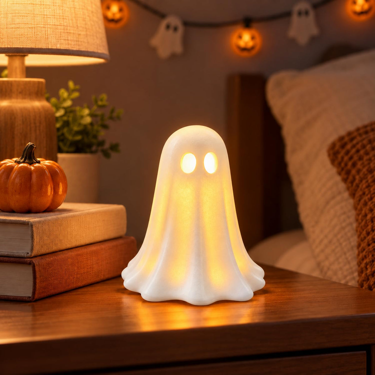 Halloween Ghost Statue Cute Night Light Figurine Halloween Desk Ornaments Resin Mini Ghost Sculpture Decoration for Home Holiday Party Desktop Shelf Ornament Gifts (Style 6)