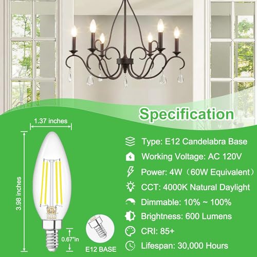 12 Pack E12 LED Light Bulb Candelabra 60W Equivalent 4000K Natural White (12 Count (Pack of 1))