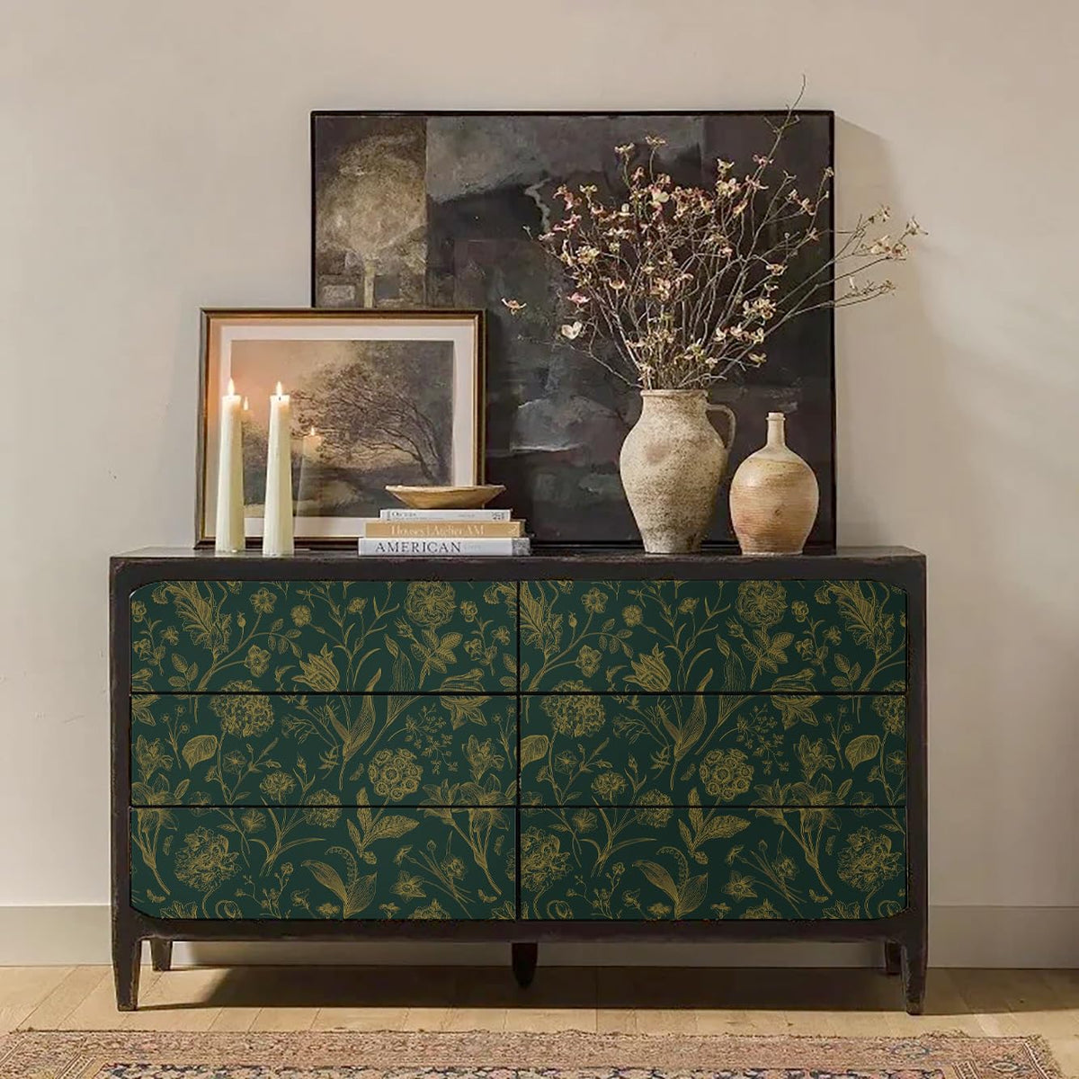 Dark Green and Gold Floral Peel and Stick Wallpaper 17in x118in (Green/Gold / 17.3" x 118.1")