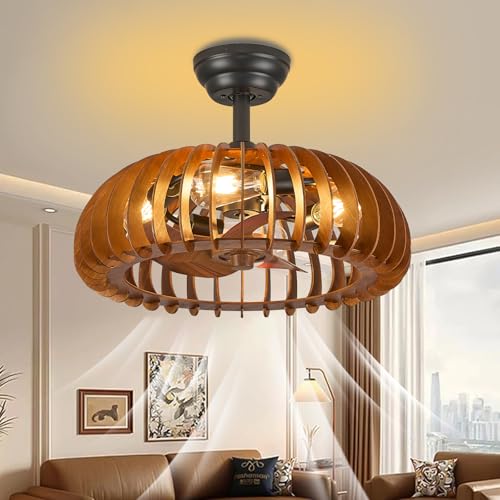 Wooden Caged Ceiling Fan Bladeless Farmhouse Fandelier Reversible for Small Bderoom Dining Living Room