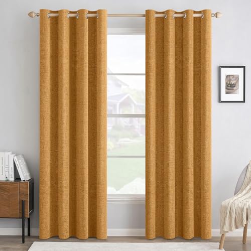 100% Blackout Linen Curtains for Bedroom 52x84 Inches Mustard Yellow (Mustard Yellow / 52"W x 84"L (Pack of 2))
