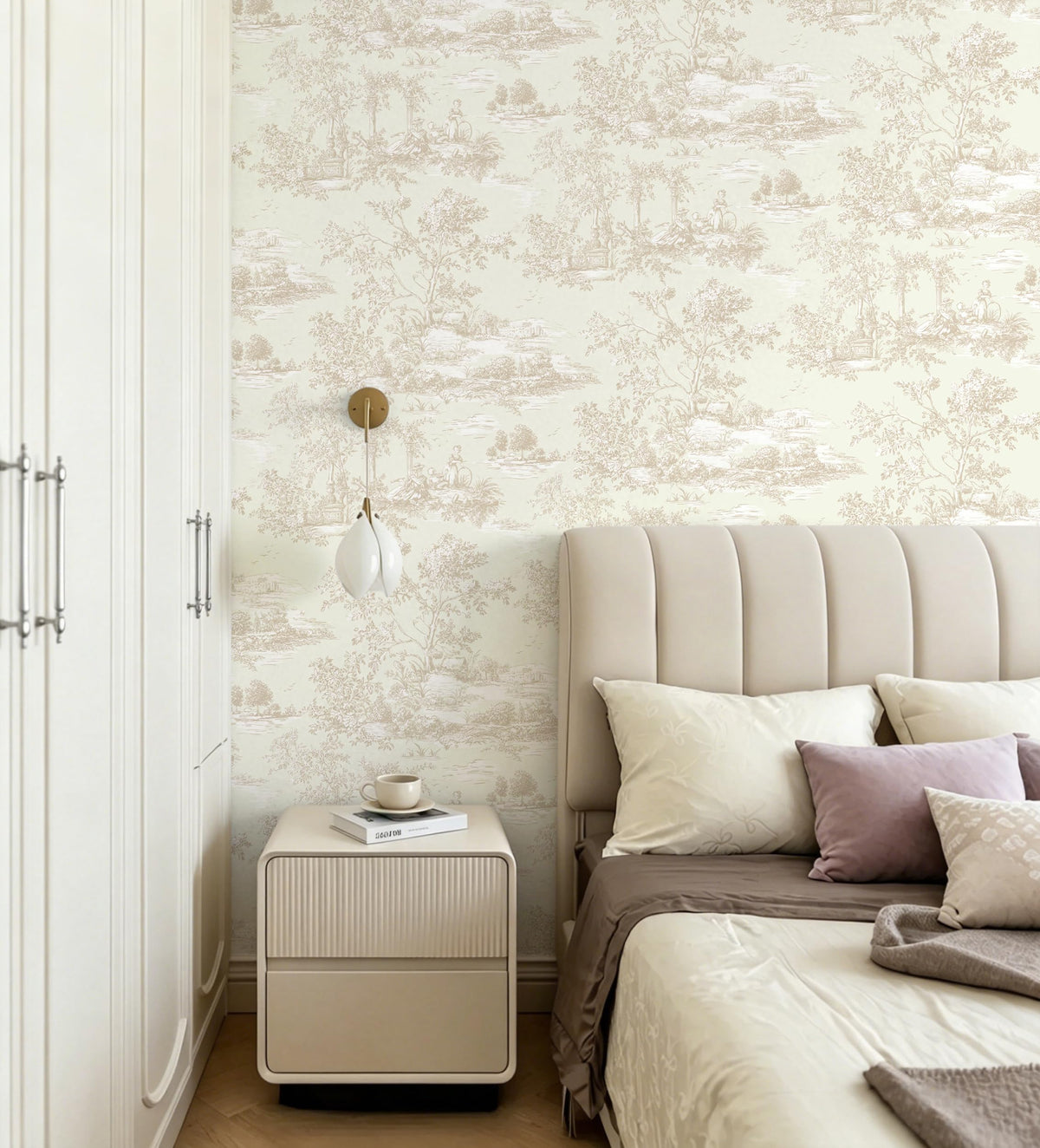 Peel and Stick Wallpaper Vintage Beige and Cream Neutral Wallpaper Toile Removable Self (Beige / 17.3" x 196.8")