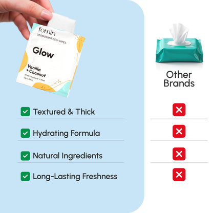 Travel Deodorant Wipes for Women & Men (Glow - Coconut Vanilla - 50 Count)