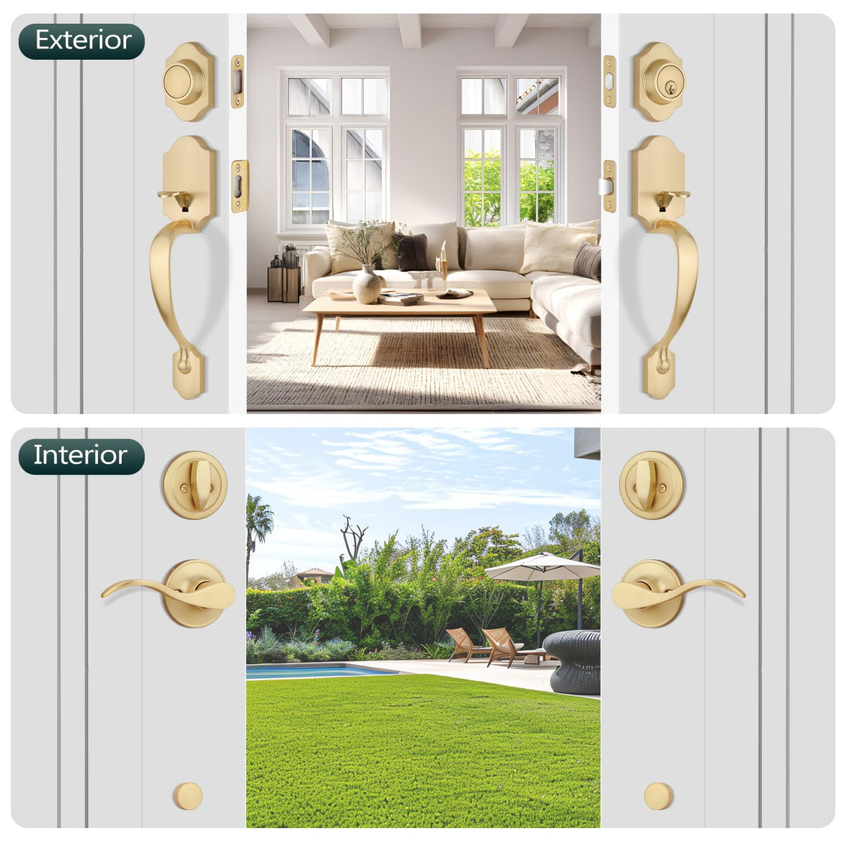 Gold Double Front Door Handle Set (Satin Brass)