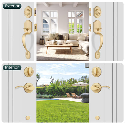 Gold Double Front Door Handle Set (Satin Brass)