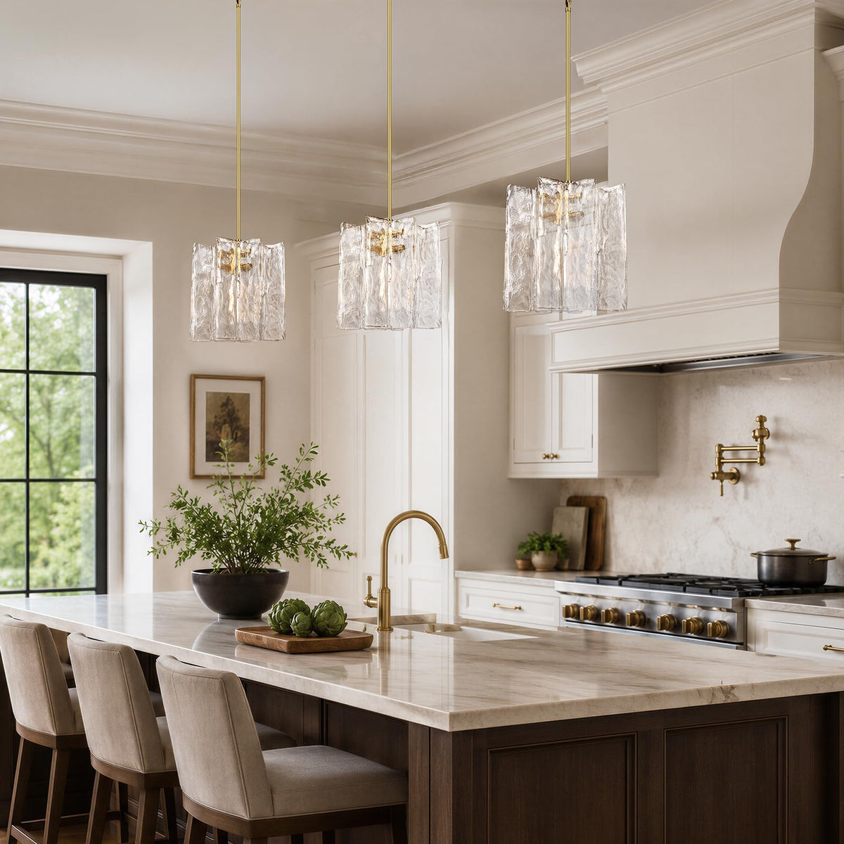 Modern Large Brass Water Ripple Glass Kitchen Pendant Light Fixtures (Brass-12-IN)