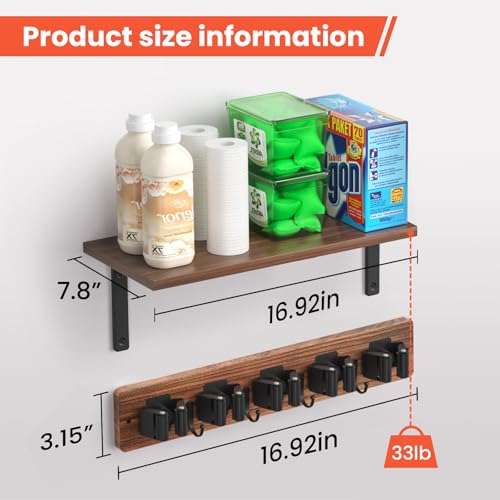 Broom Holder Wall Mount with Wooden Shelf