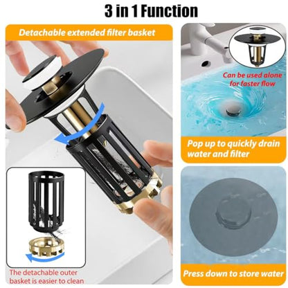 3 in 1 Pop Up Bathroom Sink Stopper (Matte Black)
