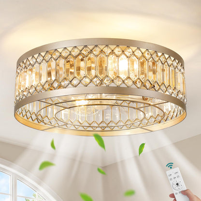 Caged Ceiling Fan with Lights 20" Crystal Gold Fandelier Low Profile Ceiling Fan with Remote Flush Mount Enclosed Bladeless Chandelier Fan Light for Bedroom Kitchen Living Room (Gold B)