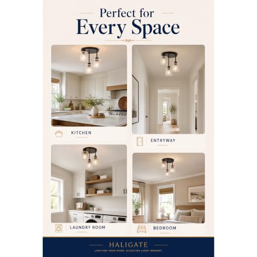 Semi Flush Ceiling Light Fixture Black 3 Lights with Clear Glass Shade (3Light-Clear)