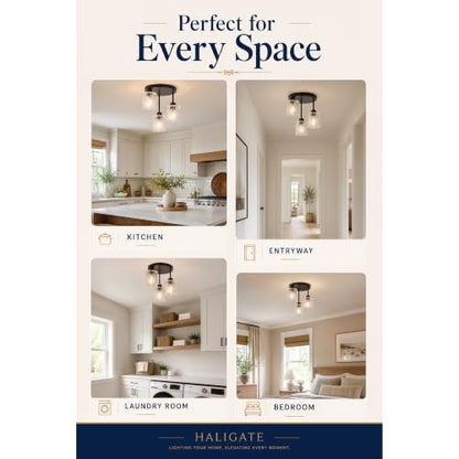 Semi Flush Ceiling Light Fixture Black 3 Lights with Clear Glass Shade (3Light-Clear)