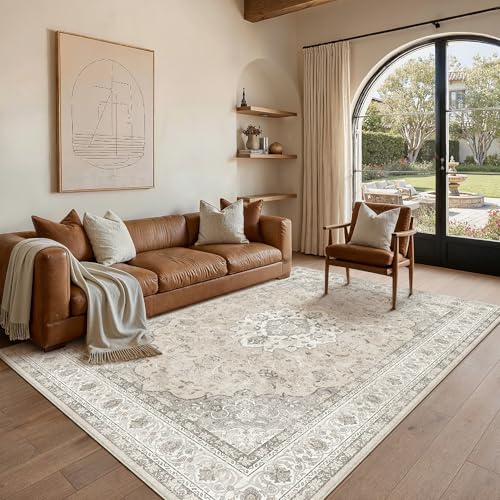 5x7 Washable Area Rug Beige Brown Non Slip Vintage Carpet (Vintage | Beige Brown / 5' x 7' (Rectangular))