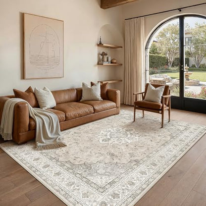 5x7 Washable Area Rug Beige Brown Non Slip Vintage Carpet (Vintage | Beige Brown / 5' x 7' (Rectangular))