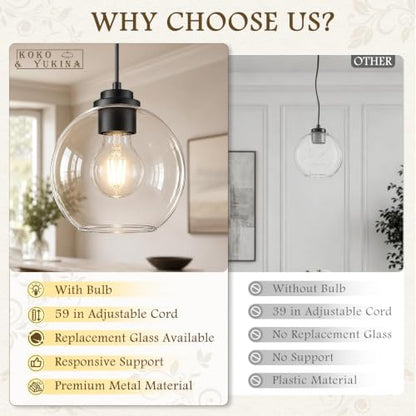 8" Globe Pendant Light 2 Pack Pendant Lights Kitchen Island Black Clear Glass Pendant Lights Height Adjustable Mid Century Modern Light Fixture for Dining Room Bedroom Foyer Bulbs Incl (Black & Clear Glass / 8 Inch)