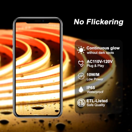 COB LED Rope Light AC 120V 1200lm Ultra Bright IP65 Waterproof Cold