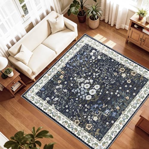 5x5 Living Room Area Rug Washable (Blue / 5x5)