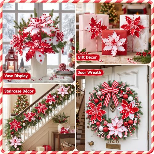 12 PCS Red Candy Cane Poinsettia Picks Artificial Xmas Flower Decor (Red)