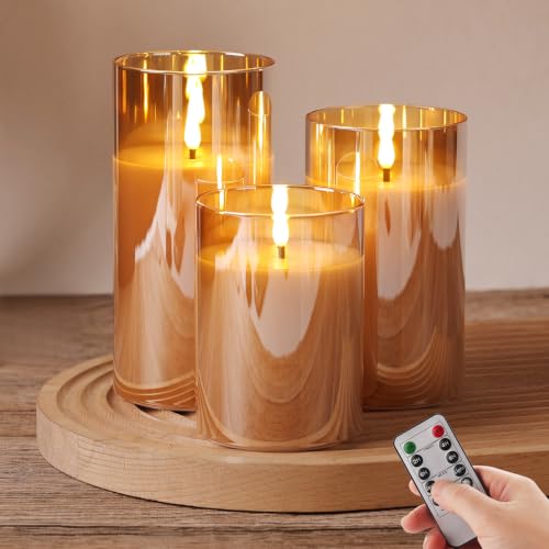 Moving Flame Glass Flameless Pillar Candles with Remote Set of 3