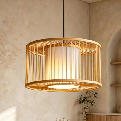 Bamboo Pendant Light fixture Adjustable Height Rustic Farmhouse Chandelier for Dining Living Room Included Bulb