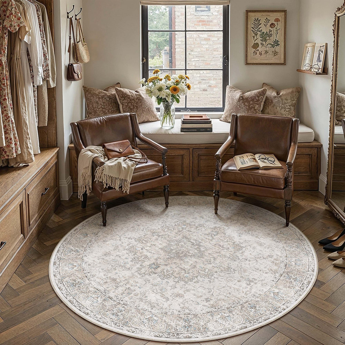 Beige Round Rugs 6x6 Washable Rug Indoor Carpet (Multi Beige / 6' (Round))