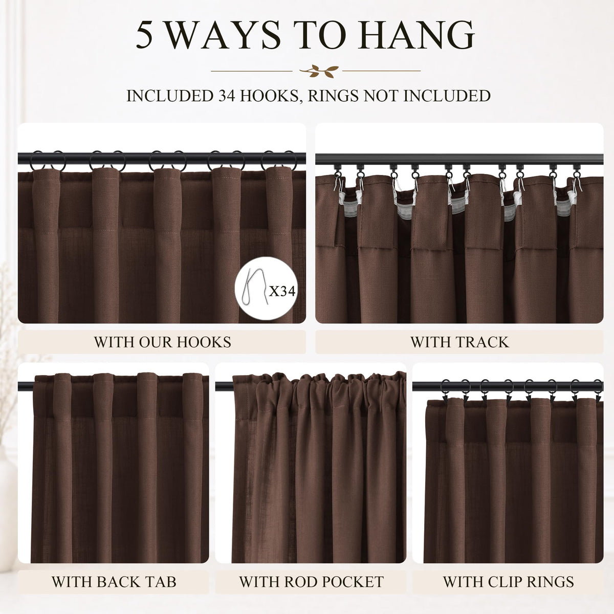 Coffee Linen Curtains 90 Inches Long 2 Panels for Living Room (Coffee / 50"W x 90"L (Pack of 2))