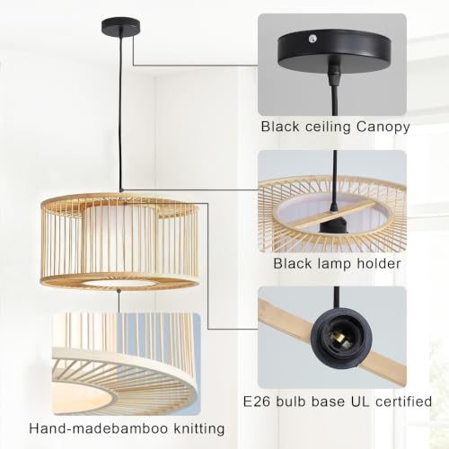 Bamboo Pendant Light fixture Adjustable Height Rustic Farmhouse Chandelier for Dining Living Room Included Bulb