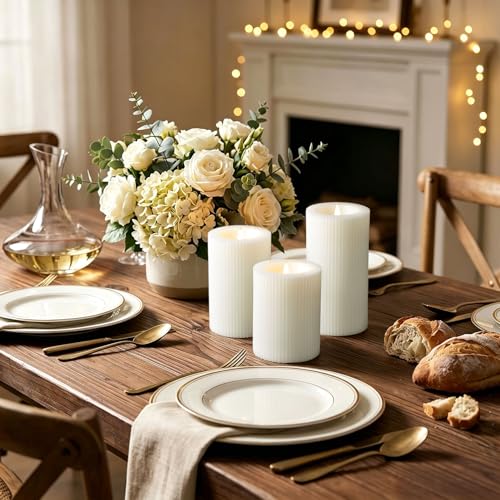 Ribbed Moving Flame Flameless Pillar Candles with Remote Set of 3