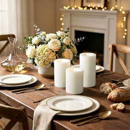 Ribbed Moving Flame Flameless Pillar Candles with Remote Set of 3