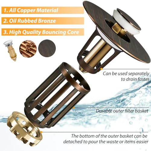 3 in 1 Pop Up Bathroom Sink Stopper (Oil Rubbed Bronze)