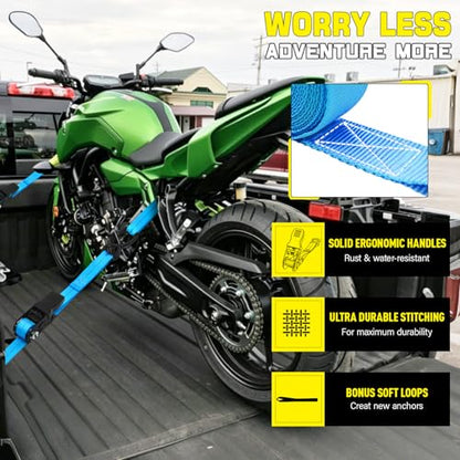 Ratchet Tie Down Straps 4pk 1" x15ft 1650lbs Motorcycle Tie Down Straps (Blue / 1650LB - 15Ft)