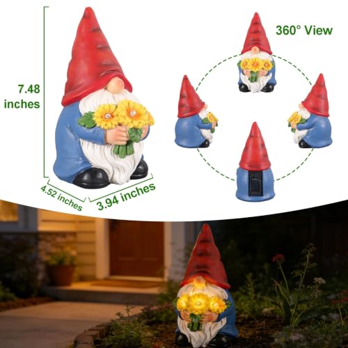 Solar Garden Gnome Statue with Lighted Sunflower Bouquet for Outdoor Decor