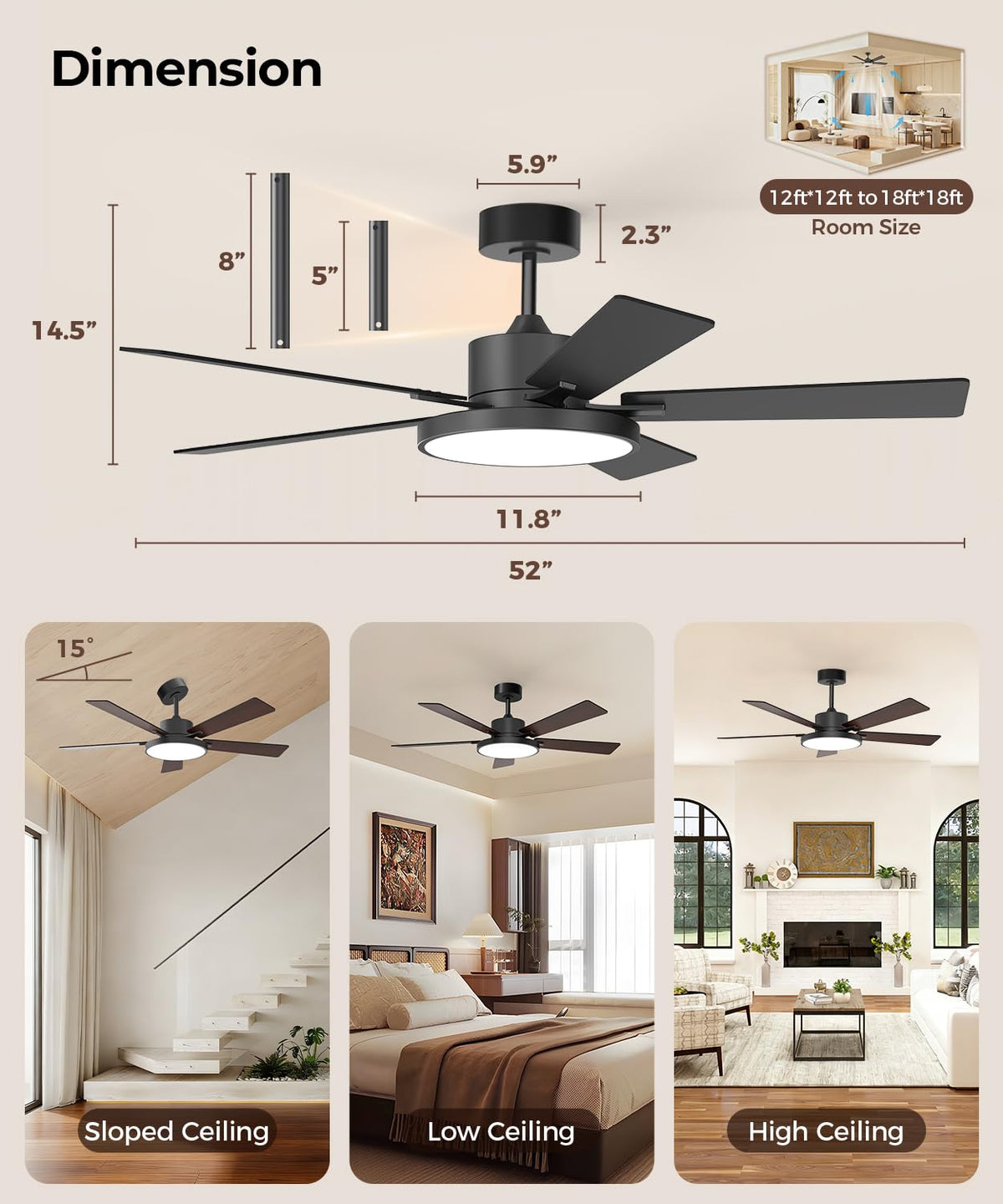 RGBCW Smart 52" 2600LM LED Ceiling Fan Light with Remote (Black +Walnut / 52 Inch)