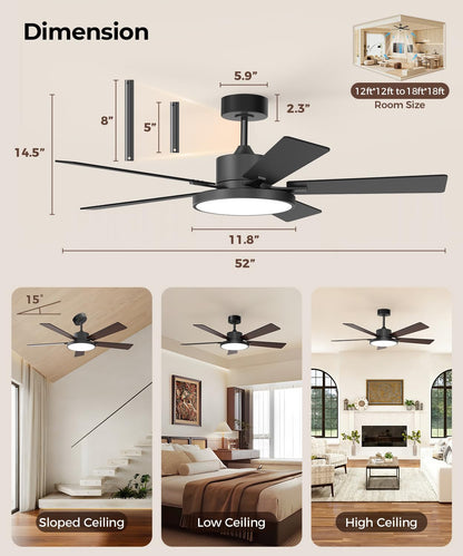 RGBCW Smart 52" 2600LM LED Ceiling Fan Light with Remote (Black +Walnut / 52 Inch)
