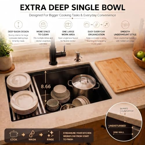 30in Black Stainless Steel Kitchen Sink Single Bowl Undermount