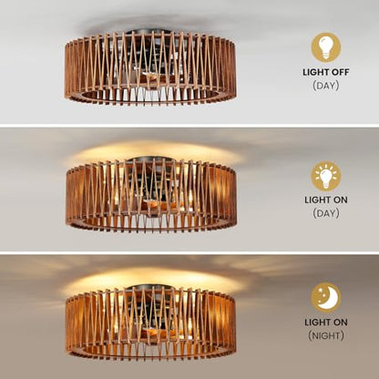 20" Wooden Flush Mount Caged Ceiling Fan with Light