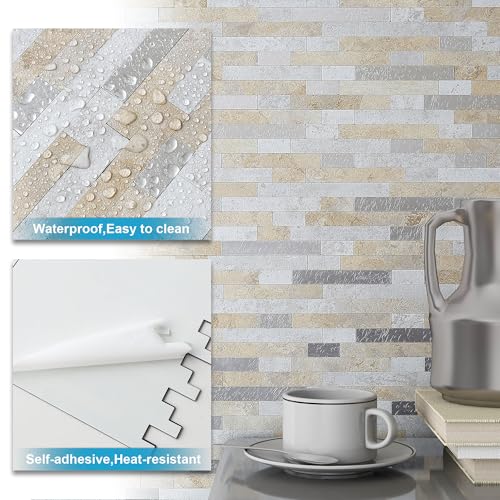 Marble Peel and Stick Backsplash Stick Tiles Subway Beige Gray 10 (Beige Grey)
