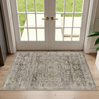 2x3 Entryway Rug Grey Washable Vintage Rugs for Entryway Kitchen Low Pile Non