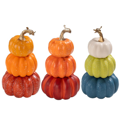 3Pcs 8.75" Stacked Pumpkin Tower Decor (Orange Blue & Yellow)