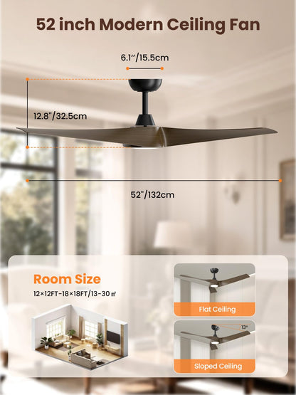 52 inch Modern Ceiling fans with Lights and remote (Light Walnut / 52 inch)