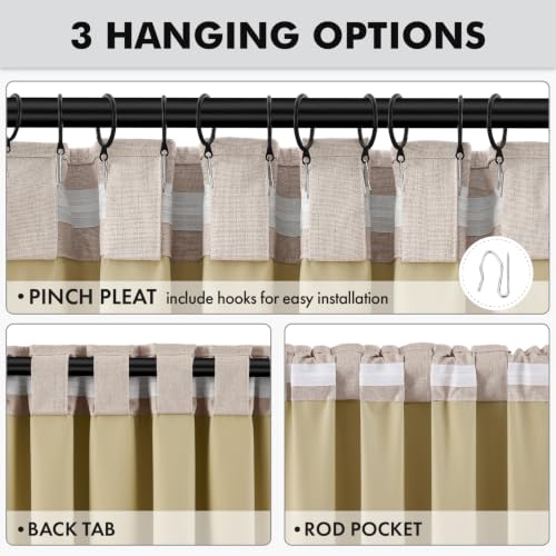 100% Blackout Linen Curtains 2 Panels Set for Bedroom Solid Luxury Decor Thermal Insulation Room Darkening Back Tab Rod Pocket Drapes for Living Room Nursery
