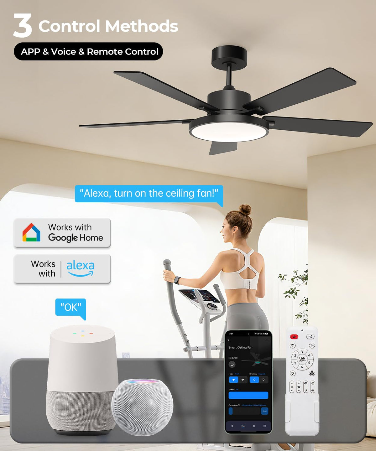 RGBCW Smart 52" 2600LM LED Ceiling Fan Light with Remote (Black +Walnut / 52 Inch)