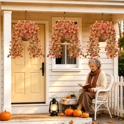 2PCS 344 Blooms Artificial Fall Flowers (2*red Orange 360-blooms Six-petaled Hanging Flowers)