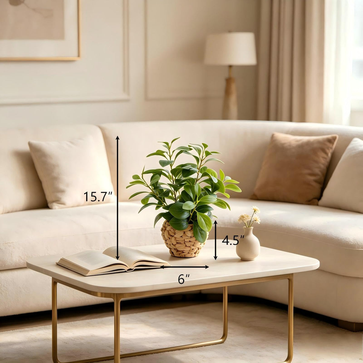 Fake Faux Potted Plant 15.7" Ficus Water Hyacinth Boho Decor (Green Ficus Plant 15.7" H)