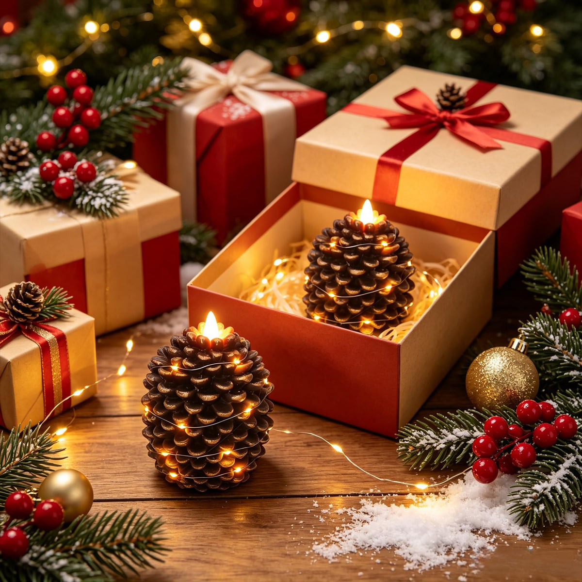 Pine Cone Flameless Candles with 6H Timer String Lights (2-Gold)