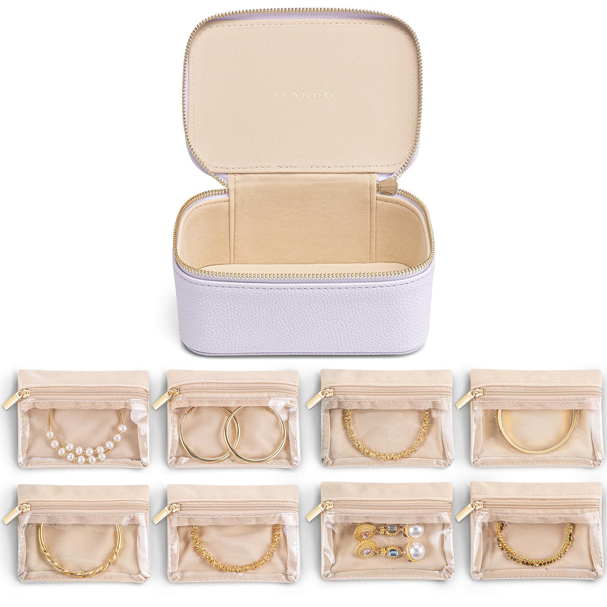 Jewelry Organizer Travel with 8 Clear Velvet Zipper Pouches (C.8 PCS Purple)
