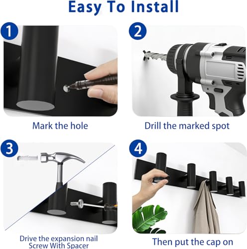 Matte Black Coat Rack Wall Mount (Matte Black / “T“ Shape 5 Hooks 1 Pack)