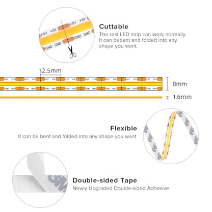 FCOB COB LED Strip Lights 5V USB Powered Warm White 2700K (Warm White 2700K / 9.8FT)