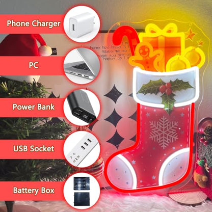 Christmas Stocking Neon Sign Dimmable Xmas Gingerbread Man Led Neon Light (Colorful-Christmas sock)