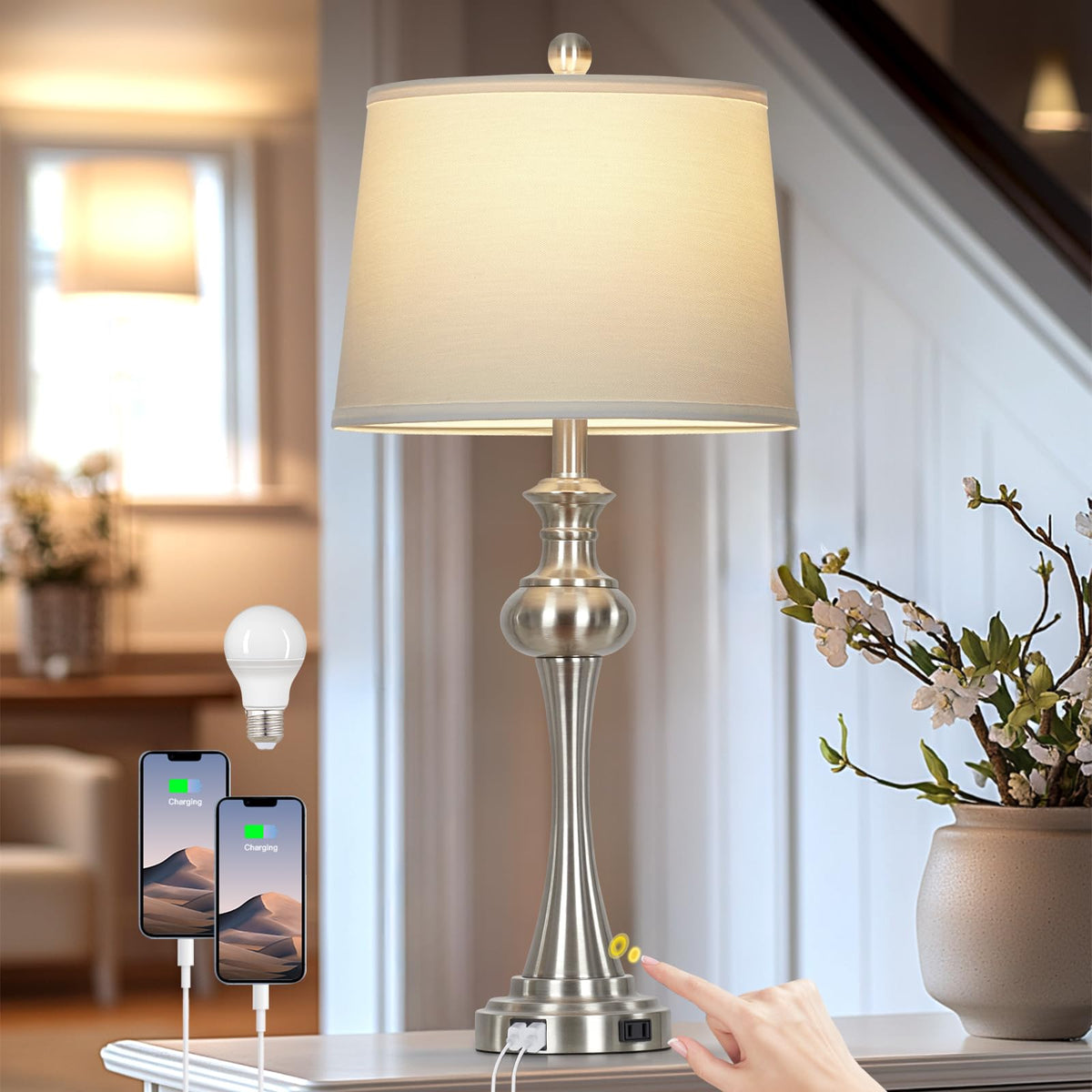 Silver Table Lamp for Living Room (Silver)