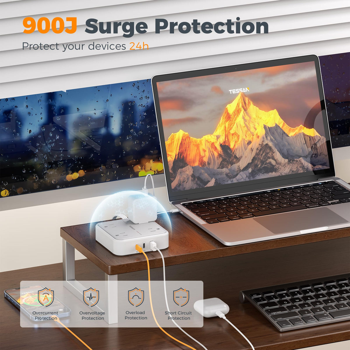 Surge Protector Flat Extension Cord 10Ft (10 FT(2 USB-C) / Grey & Surge Protector 20W PD)